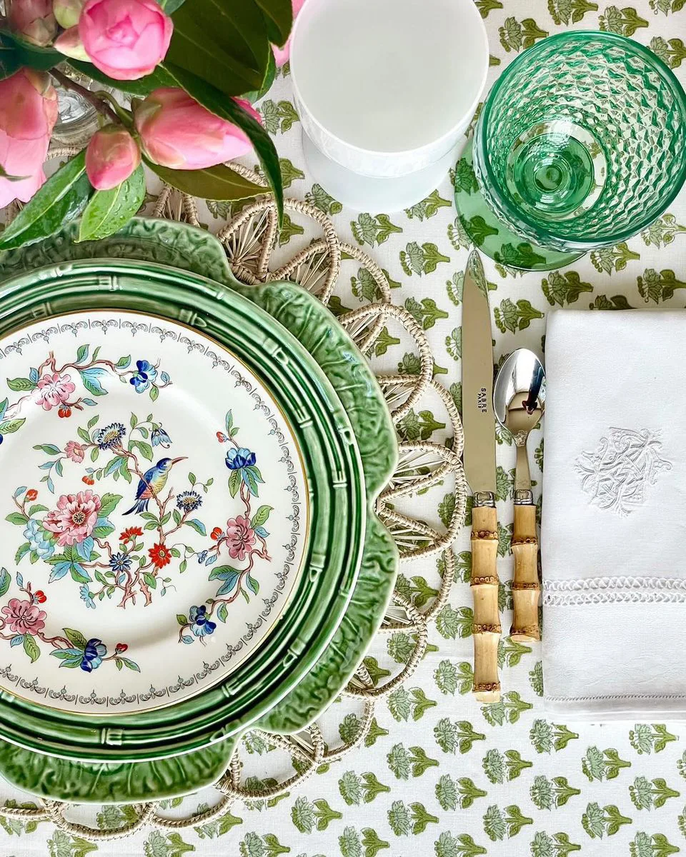 Block print tablecloth pattern close-up